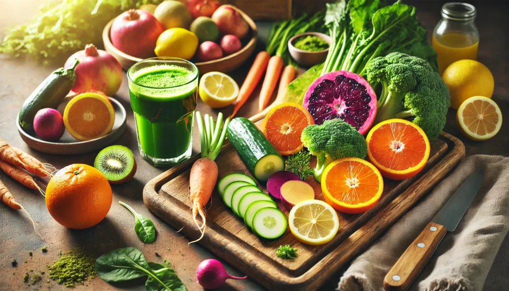 A rustic detox concept showcasing a wooden cutting board with freshly sliced fruits and vegetables prepared for cleansing, accompanied by a glass of green juice. The natural lighting promotes a sense of health and vitality