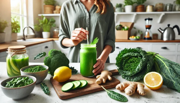 A person drinking a green detox smoothie in a bright, clean kitchen, surrounded by fresh ingredients like kale, lemon, and ginger. The setting conveys health and wellness.