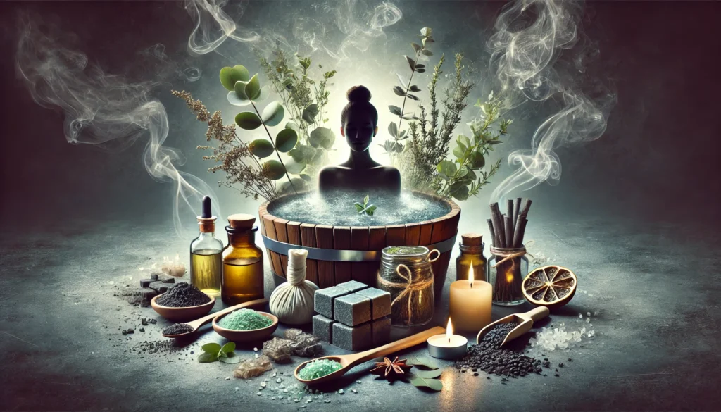 A serene spa-like environment where a person relaxes in a warm herbal detox bath infused with eucalyptus, sea salt, and charcoal, with steam rising for a soothing effect.