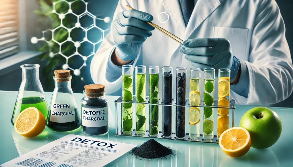 A laboratory scene where a researcher in gloves and a lab coat analyzes test tubes filled with detoxifying natural extracts like green tea, activated charcoal, and lemon essence, symbolizing scientific validation of detox methods.