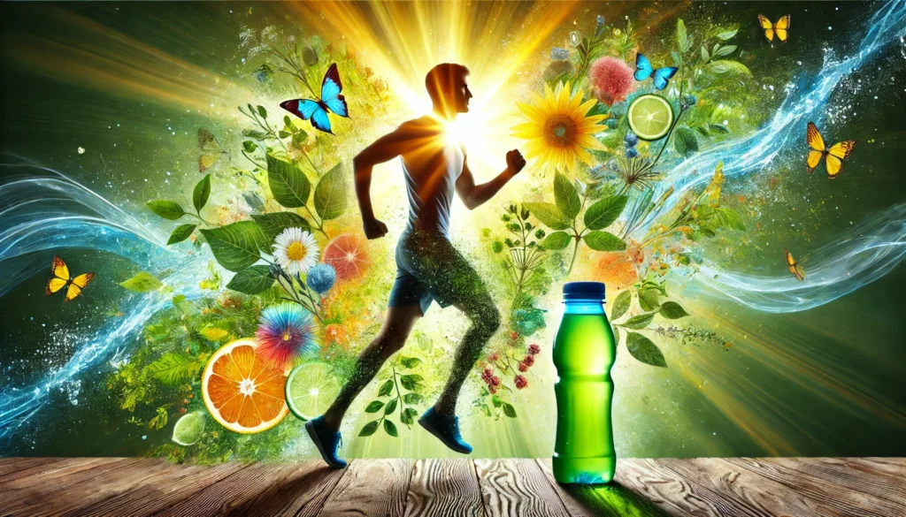 A fit, energetic person jogging in a lush, green outdoor setting with a water bottle, surrounded by fresh air and sunlight, representing a healthy and balanced detox lifestyle.