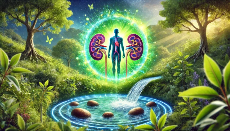A conceptual digital artwork of uric acid detoxification, featuring a glowing human silhouette surrounded by a detox aura. Clear water flows through kidney-shaped stones, symbolizing filtration, set against a lush green forest with herbal elements