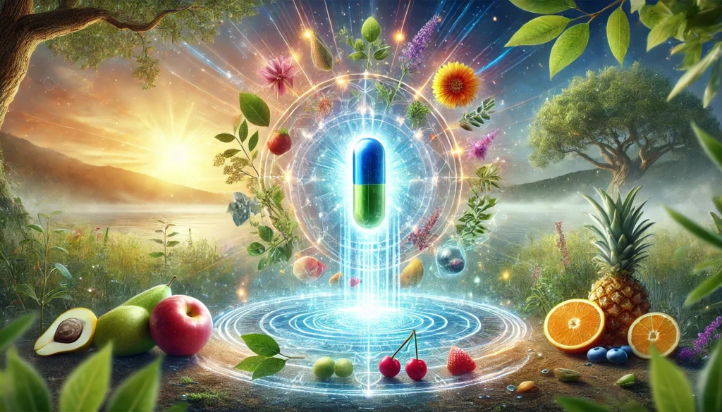 A vibrant conceptual image showing a glowing herbal capsule dissolving into pure water, surrounded by healing herbs and fruits. The radiant energy field highlights natural detoxification in a serene nature setting