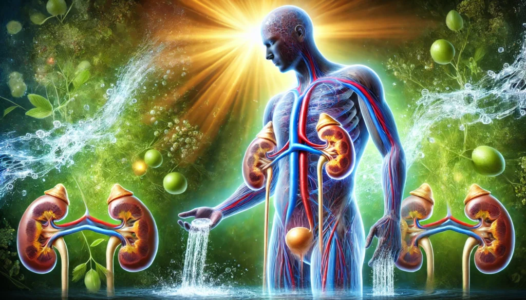 An artistic representation of the body's natural uric acid detox process, depicting a translucent human figure with glowing kidneys. Streams of clean water flow through the body, surrounded by herbal elements and radiant light.
