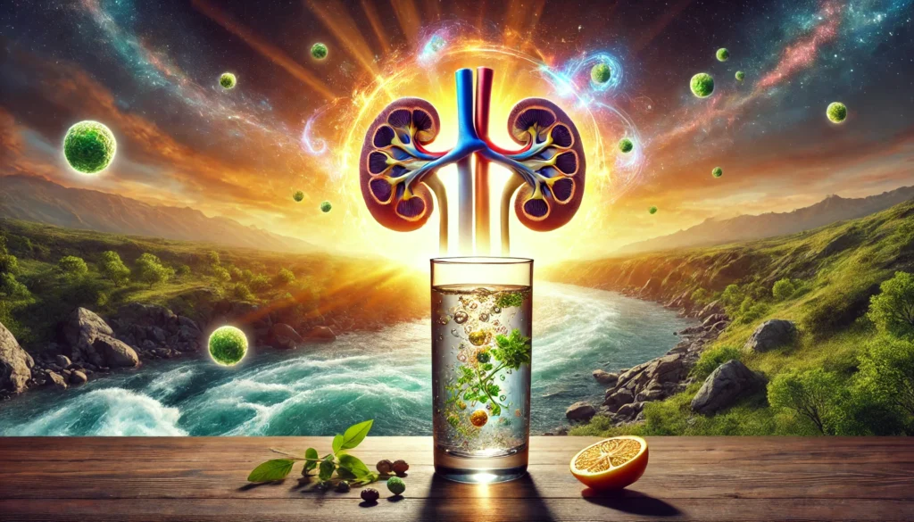 A surreal image illustrating uric acid elimination through hydration and herbal remedies. A radiant glass of water with swirling herbal extracts dissolves glowing kidney-shaped stones, set against a serene sunrise over a flowing river.