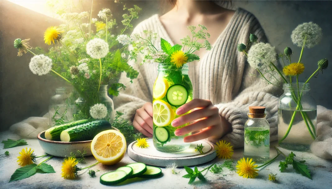 A visually serene scene of a person drinking detox water infused with lemons, cucumbers, and mint, surrounded by natural detoxifying herbs like dandelion and milk thistle. Soft natural lighting enhances the feeling of body cleansing and wellness.