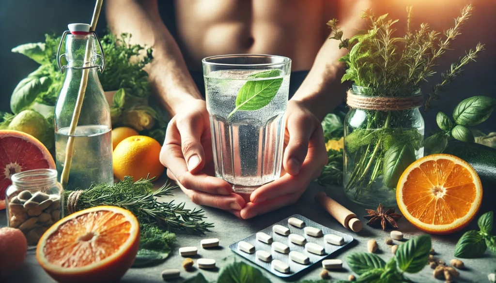 A close-up of a person’s hands holding a glass of water, with detox pills placed nearby, surrounded by fresh herbs and citrus fruits. The soft natural lighting creates a clean, refreshing, and health-conscious atmosphere