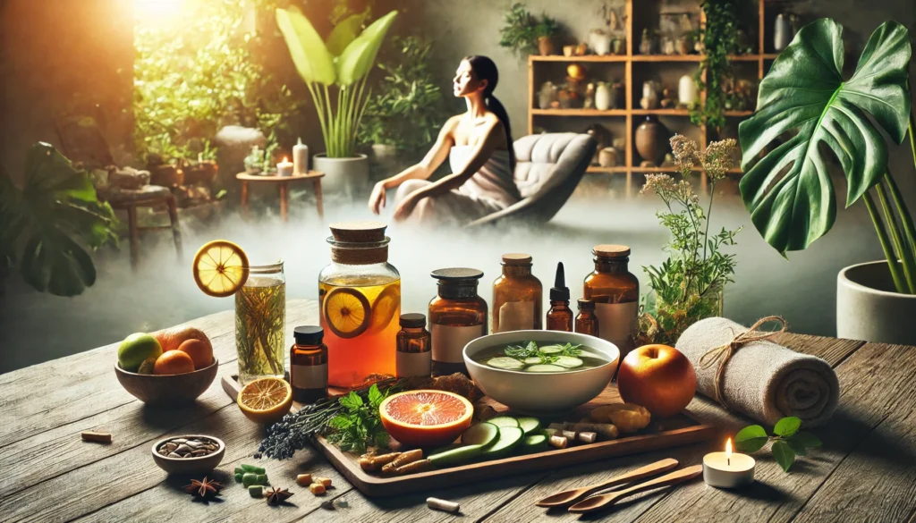 A tranquil spa-like setting with a person relaxing, surrounded by detox essentials such as herbal tea, supplements, fresh fruits, and a steaming bowl of infused water. The warm natural light enhances the serene and refreshing detoxification experience.