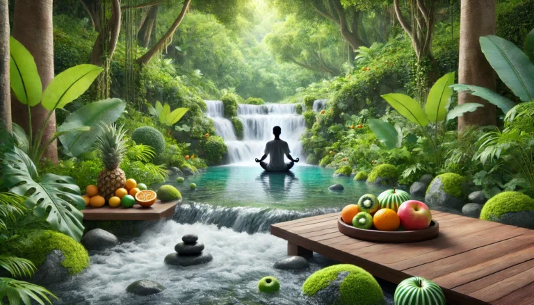 A peaceful spa-like setting with a person meditating near a clear water stream, surrounded by lush greenery and fresh fruits, symbolizing total body detox and relaxation