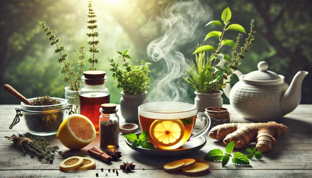The Best Cleanse Program for Total Body Detox: What Science Says 1 A steaming cup of herbal detox tea, surrounded by fresh herbs, lemon slices, and ginger on a natural wooden surface, evoking purity, wellness, and cleansing benefits
