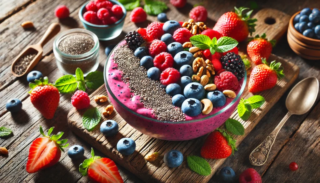 The Best Cleanse Program for Total Body Detox: What Science Says 2 A vibrant smoothie bowl packed with fresh berries, chia seeds, and nuts, sitting on a rustic wooden table with natural lighting, representing nourishment and body detoxification