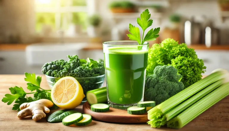 A vibrant green juice in a glass, surrounded by fresh kale, spinach, celery, lemon slices, and ginger on a wooden countertop, with natural daylight filtering through a softly blurred kitchen background