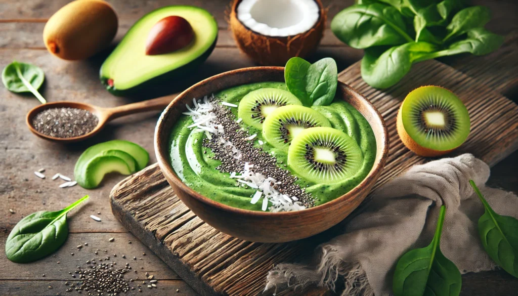 Best Green Juice Detox Recipes for Weight Loss: Nutrient-Packed Blends for a Flat Stomach 1 A creamy green smoothie bowl topped with chia seeds, sliced kiwi, and shredded coconut, placed on a rustic wooden table with fresh avocado, spinach, and cucumber around it, illuminated by natural soft light