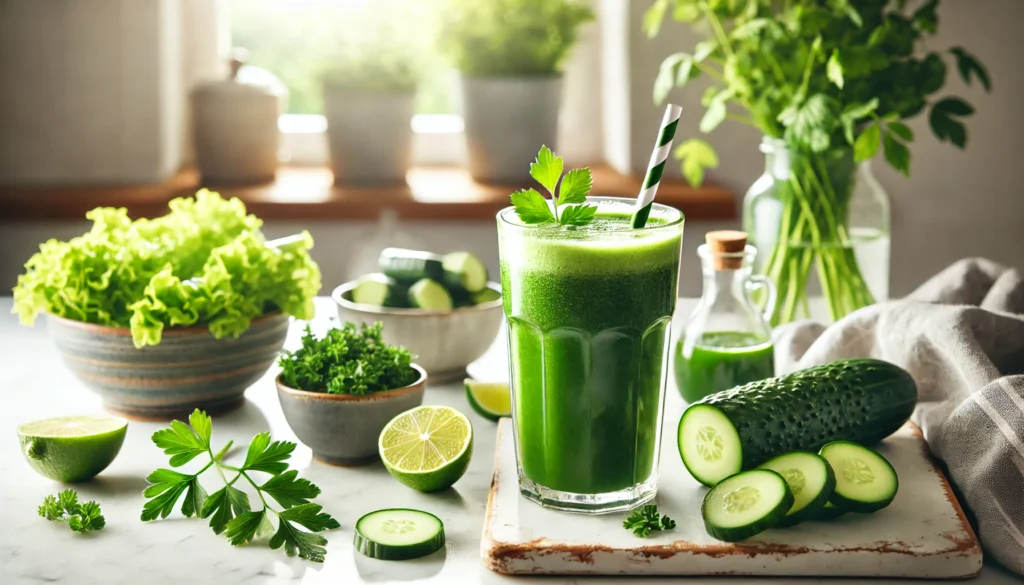 Best Green Juice Detox Recipes for Weight Loss: Nutrient-Packed Blends for a Flat Stomach 2 A detoxifying green juice blend made with cucumber, parsley, and lime in a tall glass, surrounded by fresh ingredients on a white marble kitchen counter, with sunlight streaming through a nearby window for a fresh and natural look