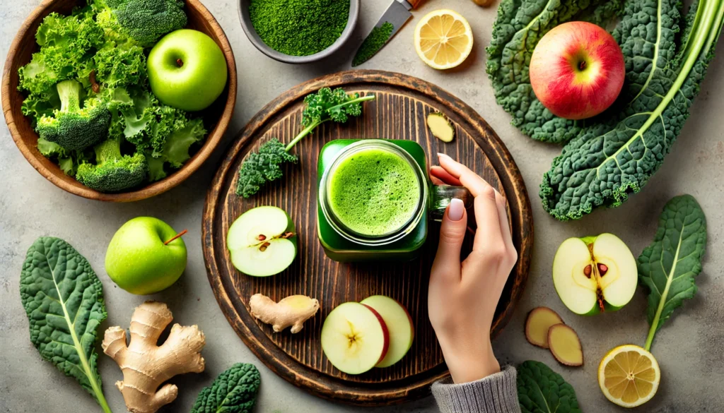 Best Green Juice Detox Recipes for Weight Loss: Nutrient-Packed Blends for a Flat Stomach 3 A top-down view of a wooden cutting board featuring a freshly blended green detox juice in a mason jar, surrounded by sliced apples, kale leaves, ginger, and lemon wedges, with a hand reaching in to grab the jar for a dynamic, natural feel