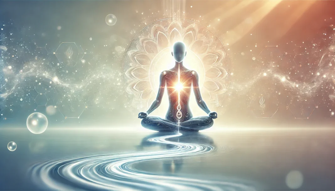 A serene illustration of a meditating person surrounded by a glowing aura, symbolizing inner detoxification and renewal. The background features flowing water and soft sunlight, evoking a sense of cleansing and tranquility