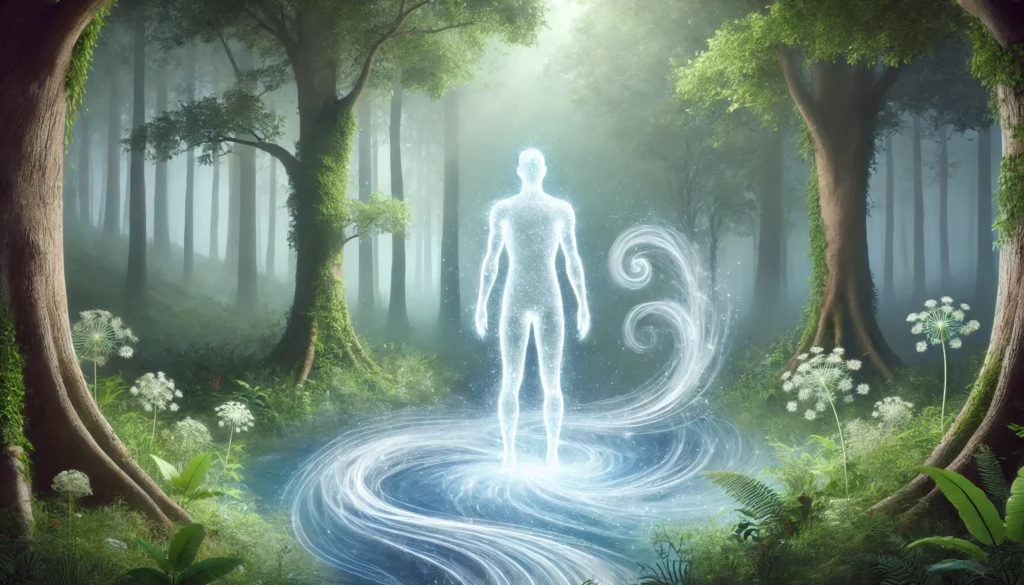 A conceptual digital painting of a luminous human silhouette standing in a misty forest, with swirling energy flows representing cellular detoxification and cleansing during fasting. The ethereal atmosphere highlights the body’s natural healing process
