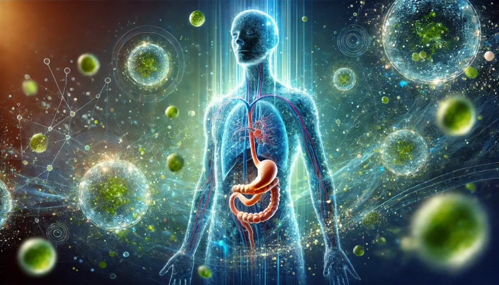 A futuristic depiction of the human body with a transparent view, showing cells regenerating and toxins dissipating during detoxification fasting. A glowing energy field surrounds the figure, illustrating the healing and cleansing effects of fasting