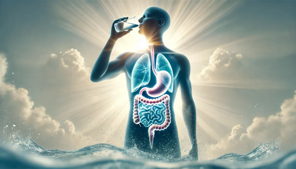 A minimalistic yet striking image of a person drinking pure water, with a glowing digestive system representing hydration and inner cleansing. The soft ethereal background enhances the theme of purity, renewal, and fasting benefits