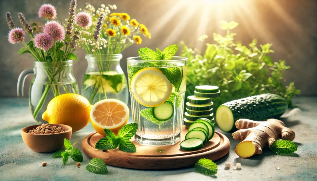 A refreshing glass of infused detox water surrounded by fresh ingredients like lemon, mint, cucumber, and ginger, bathed in soft natural light, emphasizing hydration and cleansing