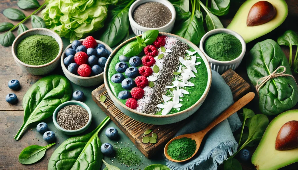 A beautifully arranged green smoothie bowl with chia seeds, berries, and coconut flakes, placed among leafy greens, spirulina powder, and avocado, symbolizing nourishment and total detoxification