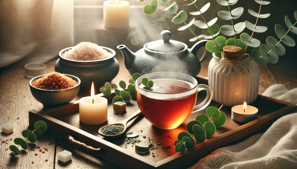 A serene spa-inspired detox scene with a wooden tray holding herbal tea, eucalyptus leaves, a lit candle, and detoxifying bath salts, evoking relaxation and internal cleansing