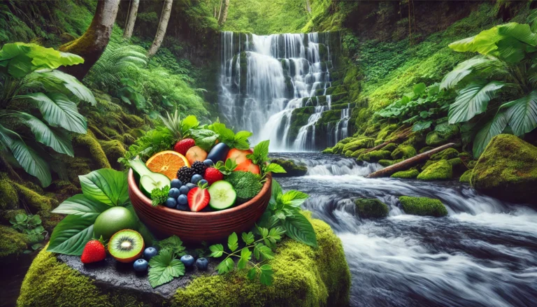 A revitalizing nature-inspired detox setting featuring a cascading waterfall, surrounded by lush green foliage, with a wooden bowl of fresh detox fruits and herbs on a rock beside the flowing water