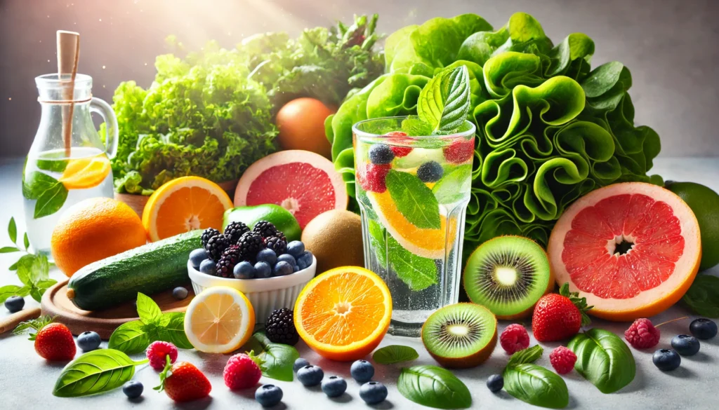 A vibrant display of fresh detoxifying foods, including leafy greens, citrus fruits, and antioxidant-rich berries, arranged alongside a refreshing glass of infused water, symbolizing natural skin cleansing
