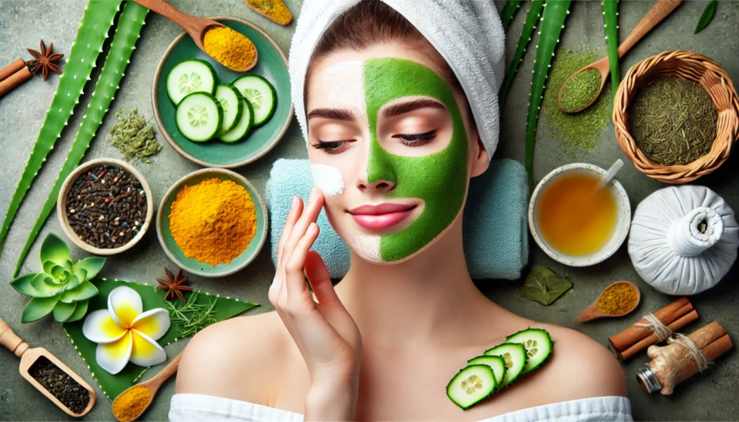 A young woman enjoying a self-care routine while applying a detoxifying face mask, surrounded by natural ingredients such as aloe vera, turmeric, and green tea in a spa-like setting