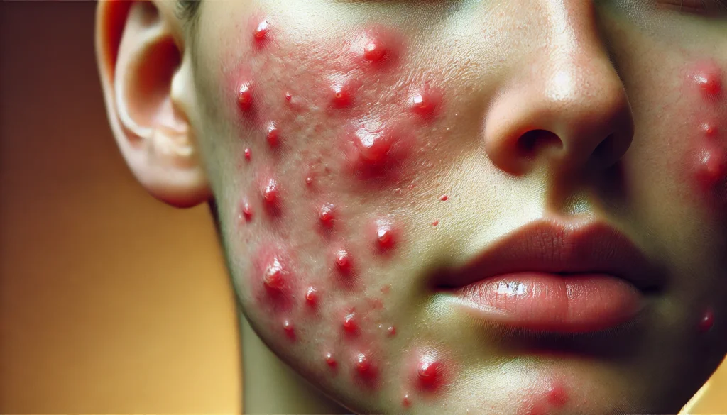 A highly detailed close-up of a person's face with visible acne, showcasing skin texture, redness, and inflammation. The vibrant and natural color palette highlights the need for an acne detox cleanse and proper skincare
