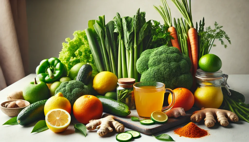 A vibrant arrangement of detoxifying foods, including fresh green vegetables, citrus fruits, ginger, turmeric, and herbal tea, displayed on a clean, minimalistic surface to emphasize natural detoxification and wellness