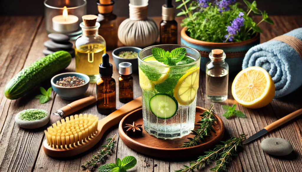 A serene spa-like setting with a glass of detox water infused with lemon, cucumber, and mint, surrounded by essential oils, fresh herbs, and a dry brush, evoking relaxation and holistic cleansing