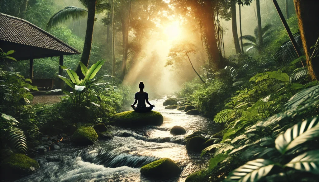 A peaceful outdoor yoga session at sunrise, featuring a person meditating near a flowing stream, surrounded by lush greenery, representing mindfulness, holistic detox, and emotional balance