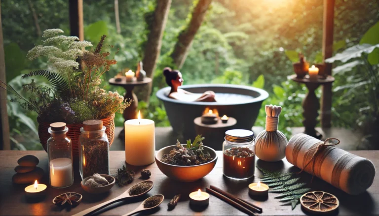 A serene wellness spa with a person relaxing in a detox bath, surrounded by natural herbs and candles, symbolizing a soothing colon cleanse