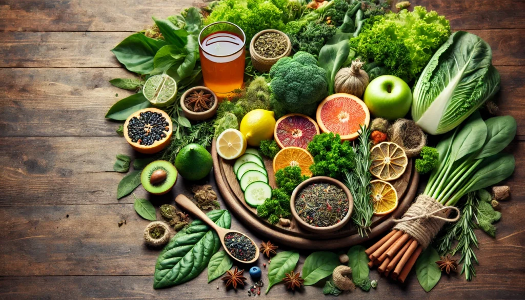 A vibrant assortment of detox ingredients, including leafy greens, citrus fruits, and herbal teas, artfully arranged on a wooden table to represent natural colon cleansing