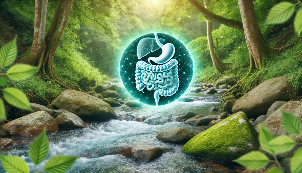 A tranquil nature scene featuring a crystal-clear river flowing through lush greenery, illustrating internal cleansing and detoxification