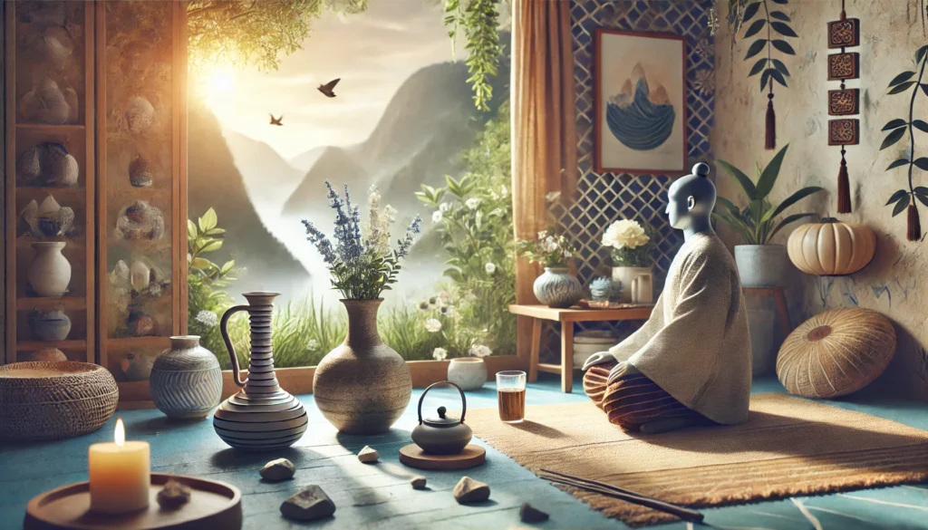 A holistic wellness space with a person practicing yoga or meditation near a sunlit window, emphasizing a mindful approach to colon cleansing and weight loss