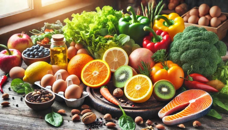 A vibrant display of natural metabolism-boosting foods, including fresh citrus fruits, bell peppers, leafy greens, eggs, nuts, and salmon on a rustic wooden kitchen counter with soft natural lighting.