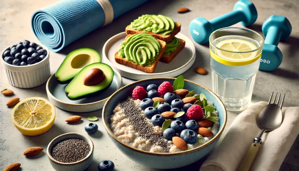 A visually appealing breakfast spread with a bowl of oatmeal topped with fresh berries, chia seeds, and almonds, a glass of lemon water, and avocado toast. The background subtly includes fitness elements like a yoga mat and dumbbells.