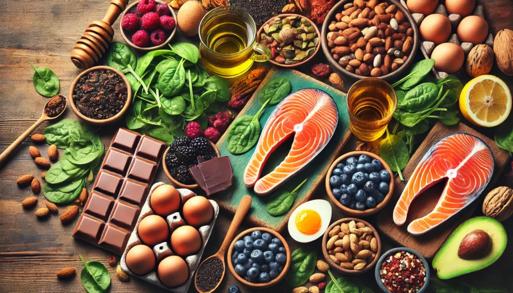 A vibrant flat-lay of natural energy-boosting foods, including green tea, dark chocolate, nuts, eggs, spinach, berries, and salmon, carefully arranged on a warm wooden table to evoke vitality and wellness.