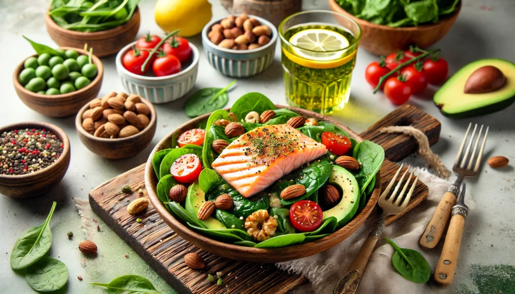 A fresh and vibrant kitchen scene featuring a nutrient-rich salad with metabolism-boosting ingredients, including spinach, cherry tomatoes, avocado, nuts, and grilled salmon, drizzled with olive oil and lemon. The background includes a glass of green tea and fresh fruits, creating a wholesome and healthy ambiance