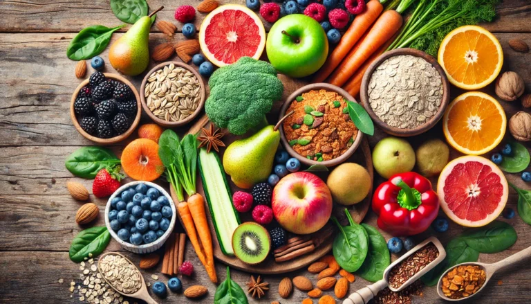 A vibrant flat lay of fiber-rich foods including apples, berries, pears, carrots, spinach, oats, quinoa, nuts, and seeds, arranged on a rustic wooden background to promote digestive health.