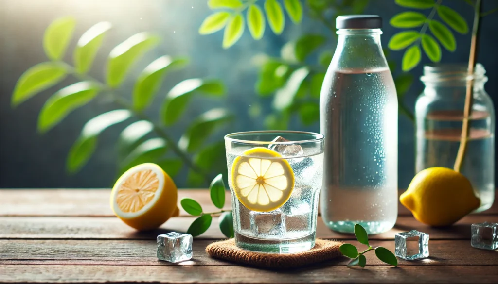 A refreshing glass of water with ice cubes and a slice of lemon, placed next to a water bottle on a wooden table, with a softly blurred green plant background emphasizing hydration for digestion