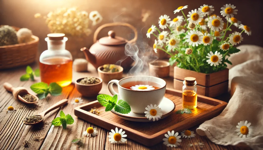 A cozy wellness scene featuring a steaming cup of herbal tea on a wooden tray, accompanied by chamomile flowers and fresh mint leaves, set in a warmly lit relaxing environment.