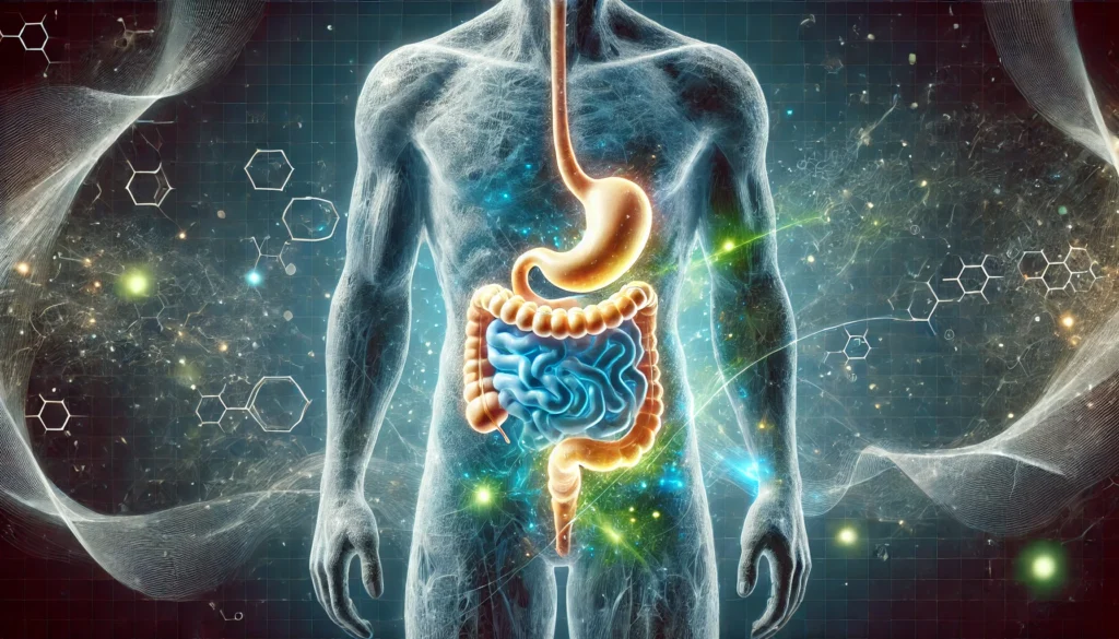 A futuristic medical-inspired image showing a glowing translucent human torso with a highlighted digestive system, depicting intestines with a soft blue and green energy flow symbolizing healthy digestion