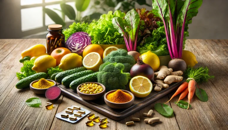 A vibrant arrangement of detoxifying foods including leafy greens, turmeric, ginger, beets, and lemons on a wooden surface, accompanied by vitamin supplements in soft gel and powder form under soft natural lighting.