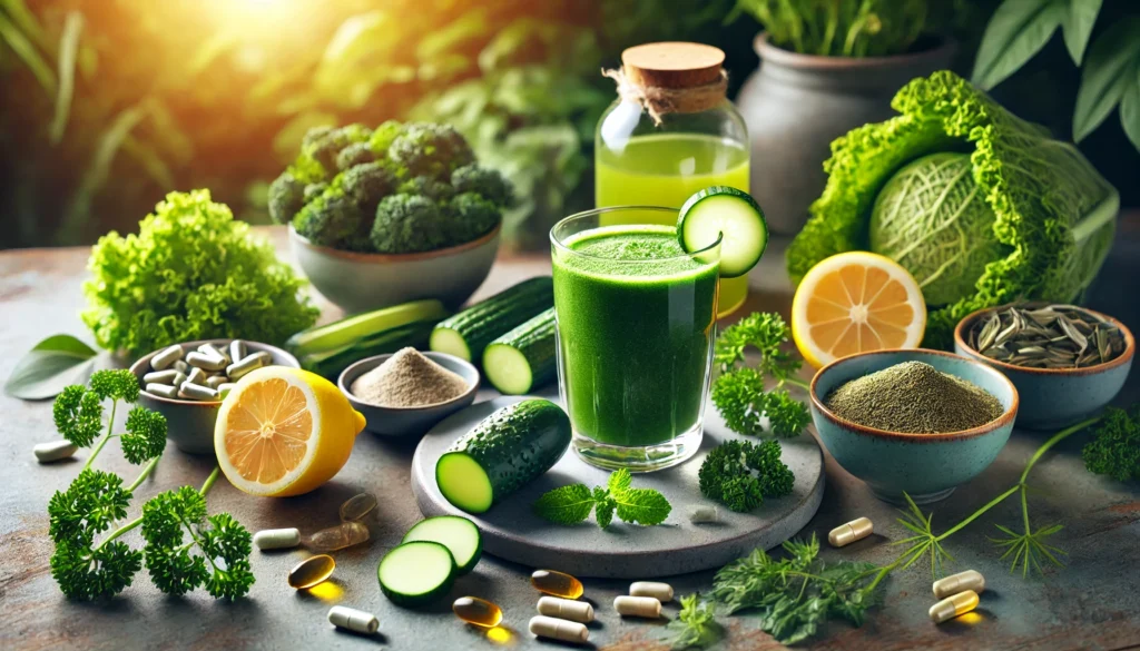 A green detox smoothie surrounded by fresh ingredients like kale, cucumber, lemon, and parsley, along with herbal powders, detox tea, and vitamin capsules, set in a serene natural setting with warm lighting