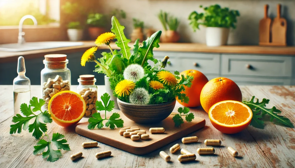A wooden table featuring detoxifying herbs such as dandelion, milk thistle, and cilantro in small bowls, alongside vitamin C-rich oranges and grapefruits, and natural vitamin supplements in pill form, with a bright, airy kitchen background.