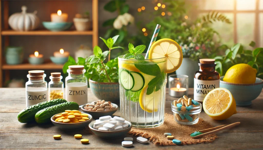 A holistic detox concept with a glass of lemon, mint, and cucumber-infused water, alongside detox-supporting vitamins and minerals like zinc, magnesium, and vitamin B-complex in small glass dishes, set in a spa-like environment with greenery and soft candlelight