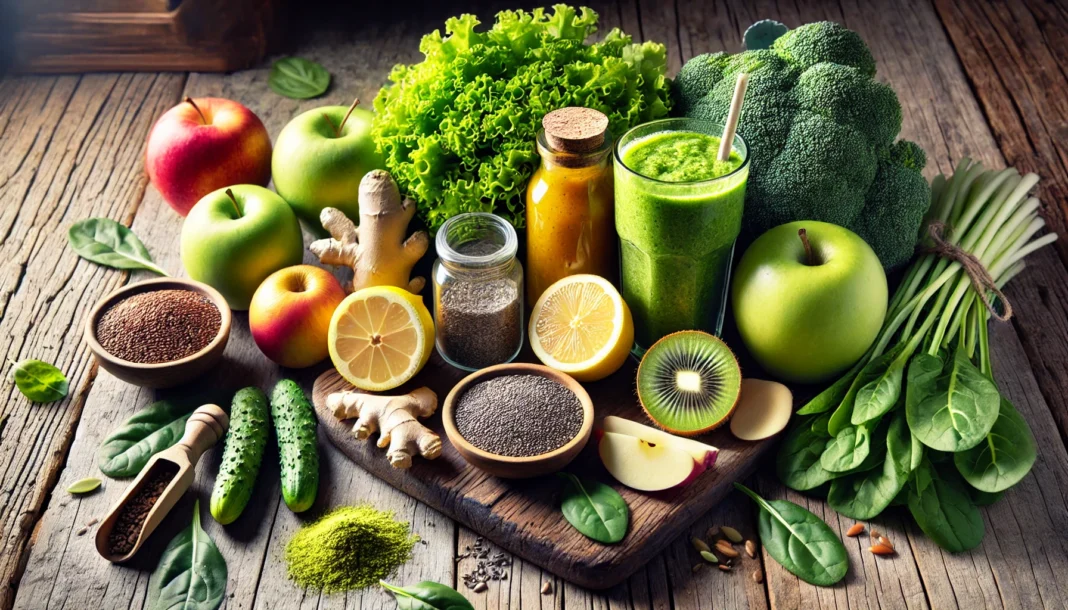 A vibrant display of detoxifying ingredients for a colon cleanse smoothie, including leafy greens, ginger, lemons, apples, chia seeds, and flaxseeds, arranged on a rustic wooden surface with natural lighting